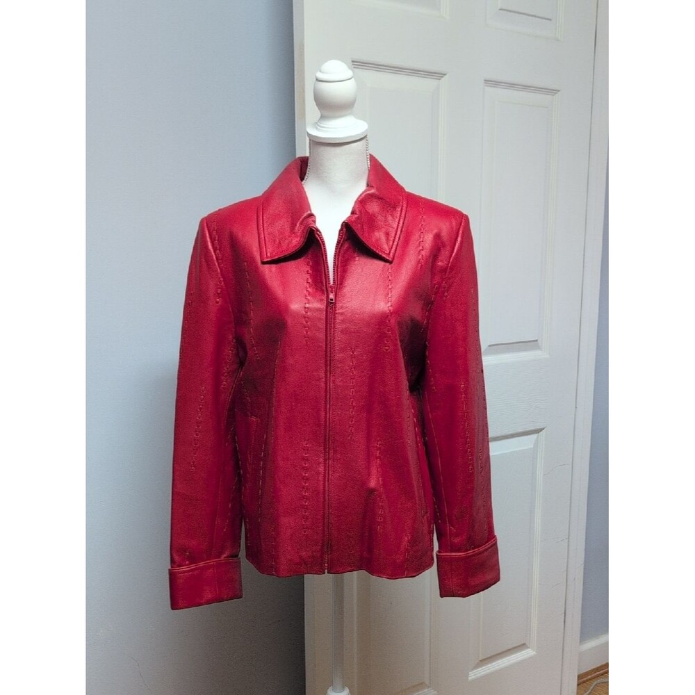 DERO By Rocco D'Amelio Red Leather Threaded Detail Fully Lined Zip Coat Sz L